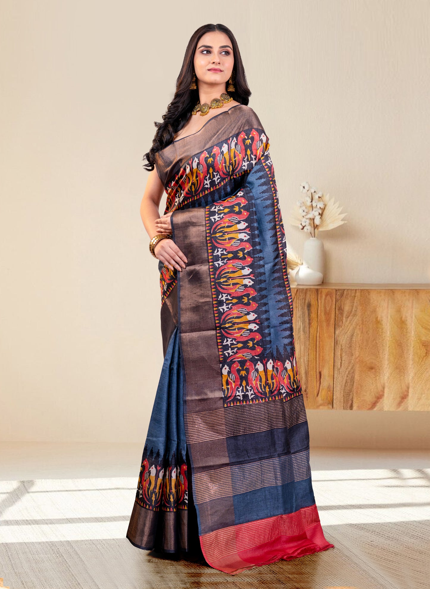 PURE HANDWOVEN TUSSAR SILK SAREE IN SLATE GREY COLOR WITH MULTICOLOR HANDPAINTED MOTIFS