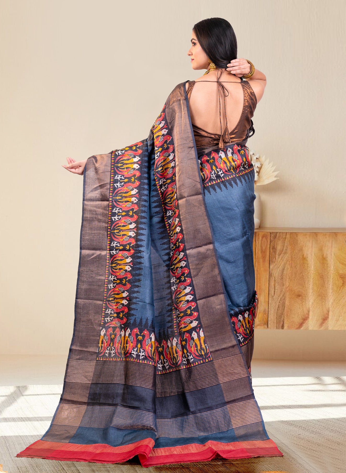 PURE HANDWOVEN TUSSAR SILK SAREE IN SLATE GREY COLOR WITH MULTICOLOR HANDPAINTED MOTIFS