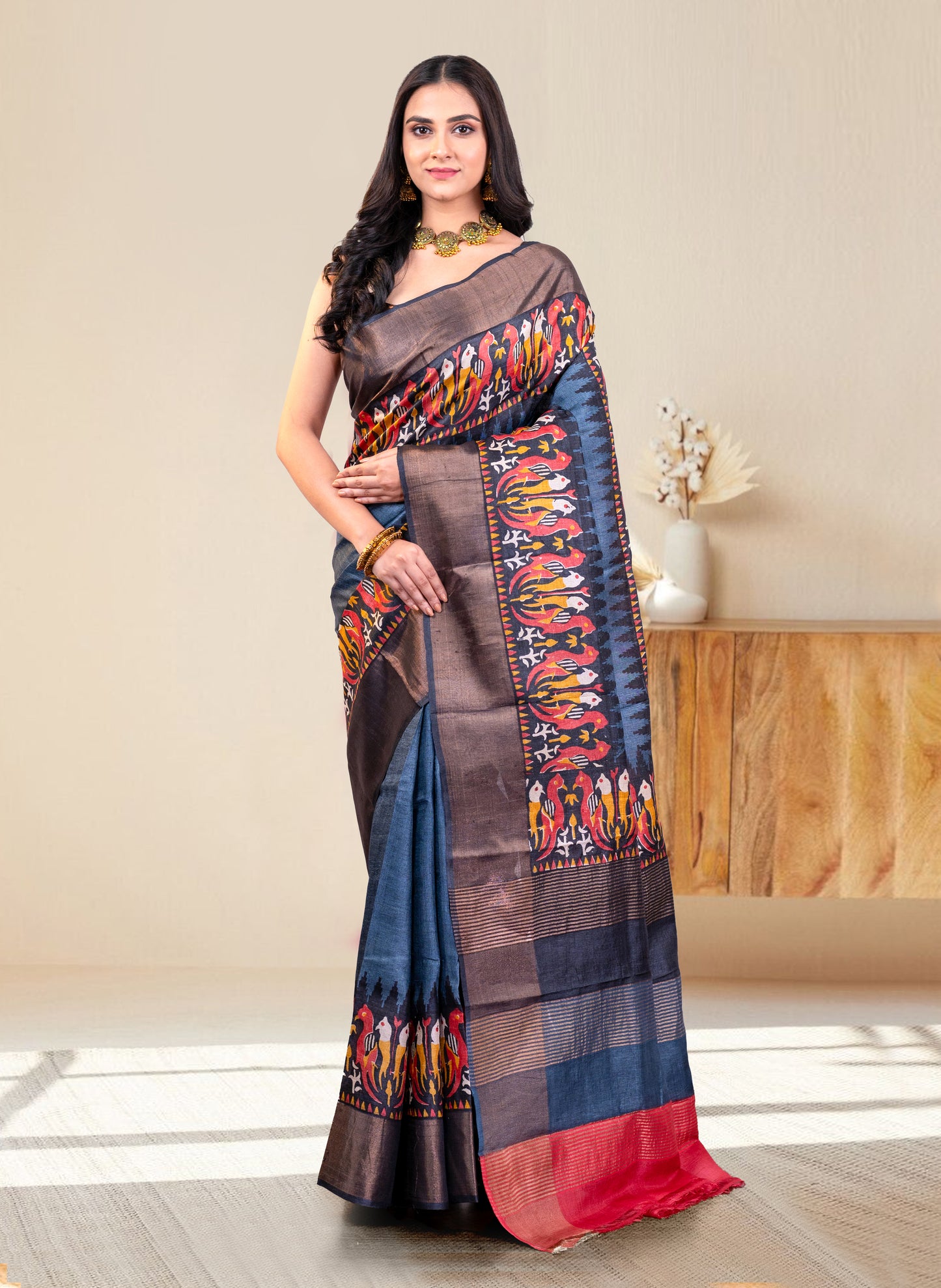 PURE HANDWOVEN TUSSAR SILK SAREE IN SLATE GREY COLOR WITH MULTICOLOR HANDPAINTED MOTIFS