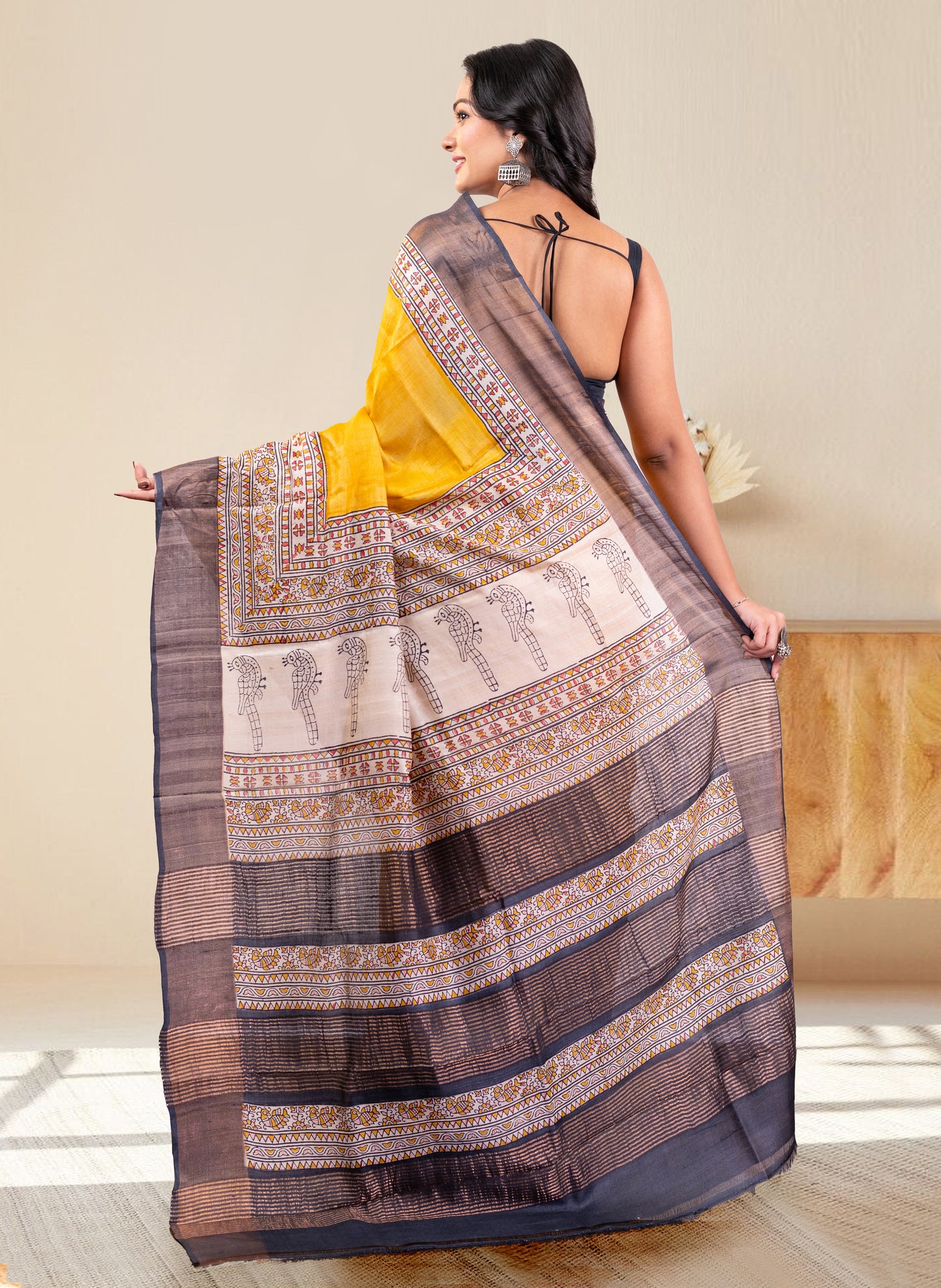 PURE HANDWOVEN TUSSAR SILK SAREE IN YELLOW COLOR WITH MULTICOLOR HANDPAINTED MOTIFS