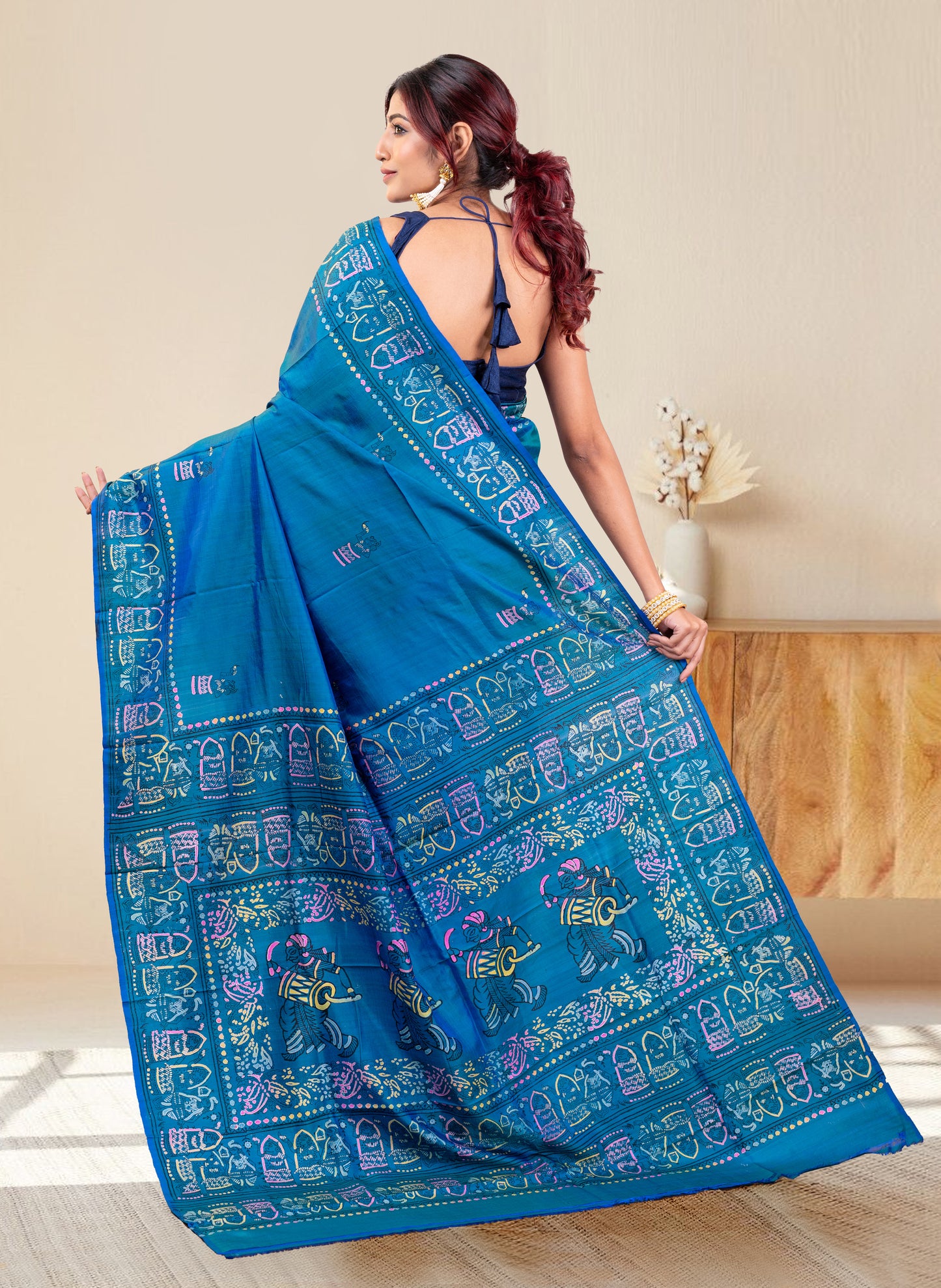 PURE BISHNUPUR KATAN SILK SAREE IN DUAL TONED TEAL BLUE COLOR WITH MULTICOLOR HANDPAINTED DESIGN