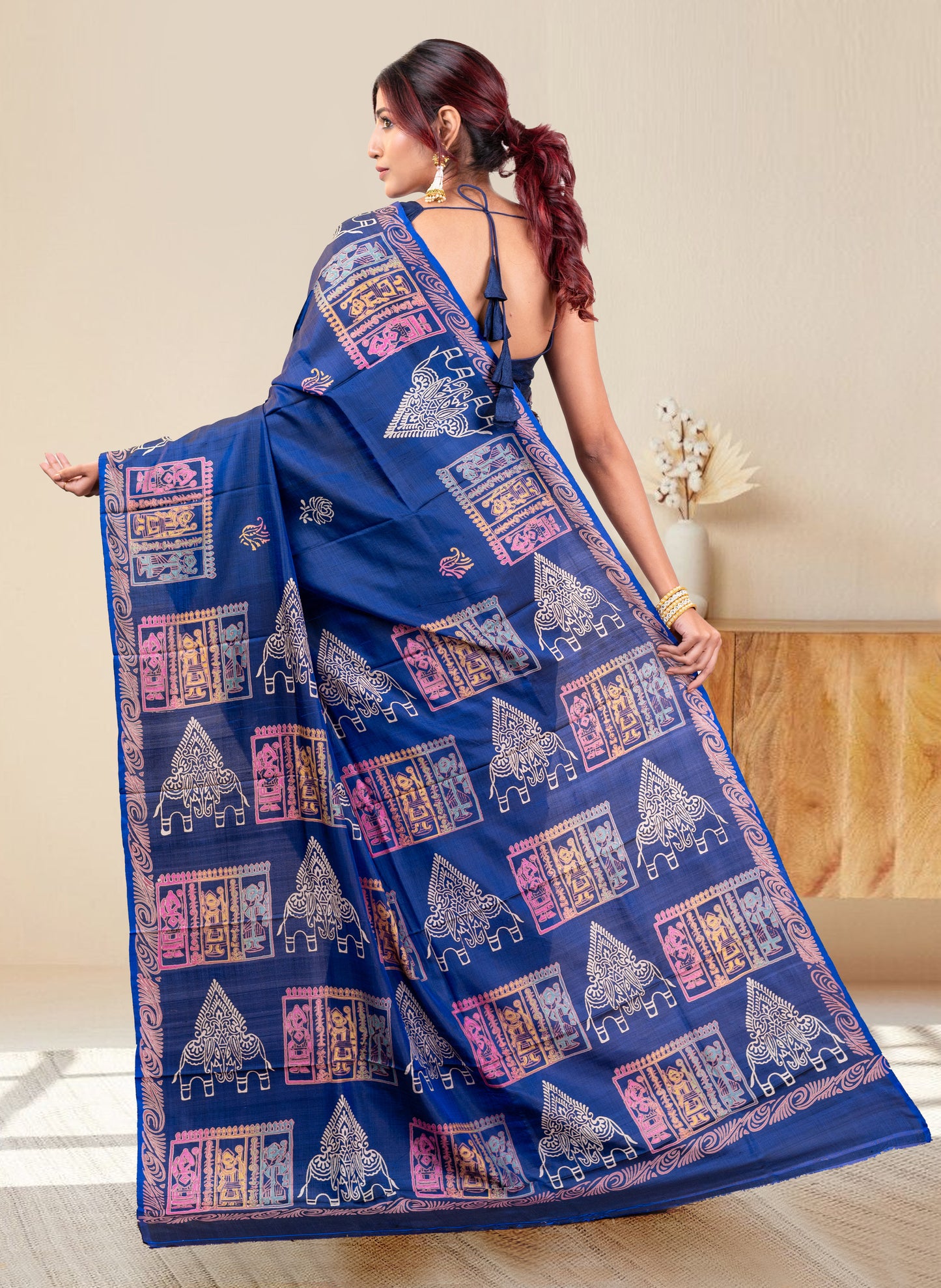 PURE BISHNUPUR KATAN SILK SAREE IN INK BLUE COLOR WITH MULTICOLOR HANDPAINTED DESIGN