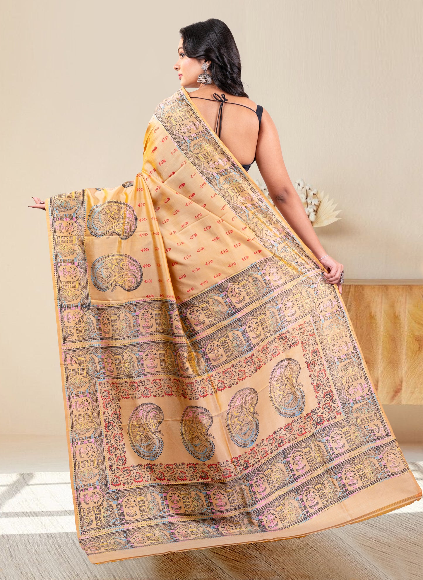 PURE BISHNUPUR KATAN SILK SAREE IN BEIGE COLOR WITH MULTICOLOR HANDPAINTED DESIGN
