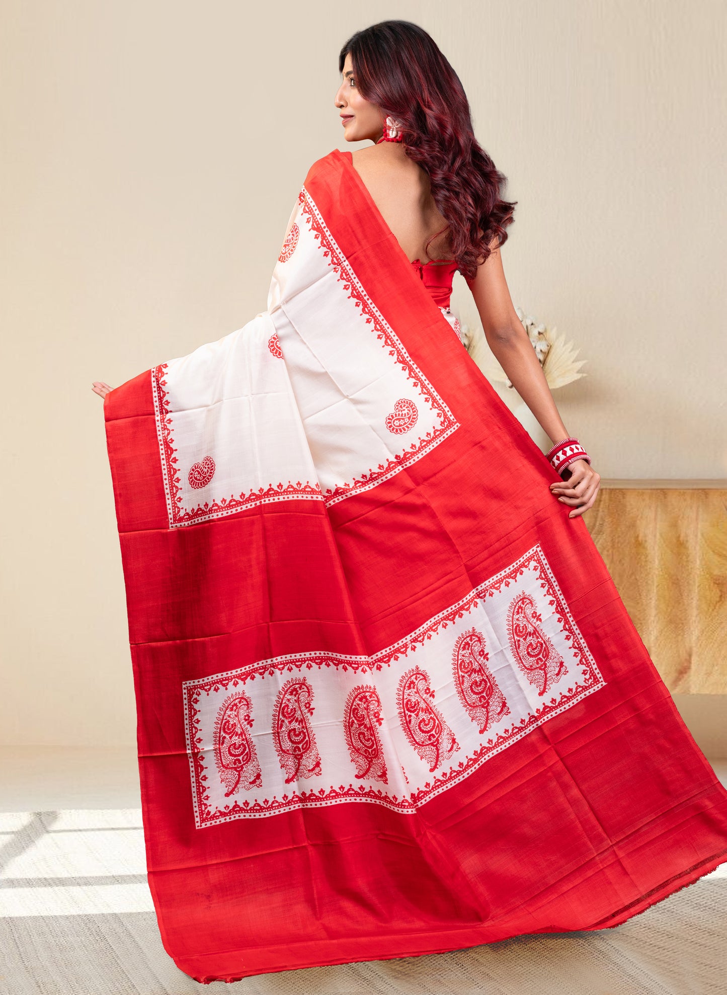 PURE BISHNUPUR KATAN SILK SAREE IN WHITE COLOR WITH RED HANDPAINTED DESIGN