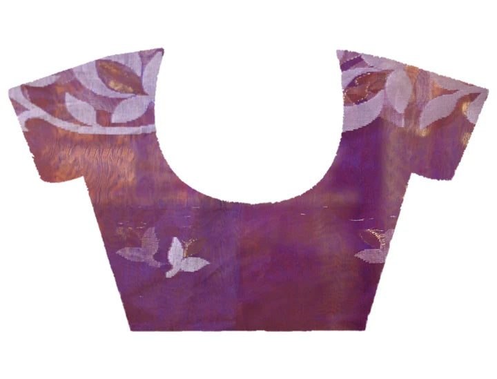 PURE HANDWOVEN MUSLIN SILK SAREE IN PURPLE COLOR WITH OFFWHITE FLORAL MOTIFS AND RED BORDER