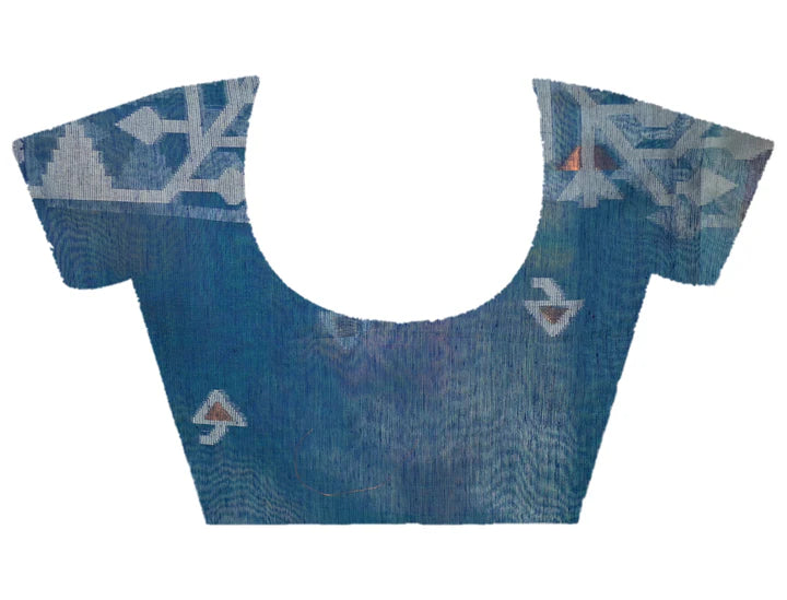 PURE HANDWOVEN MUSLIN SILK SAREE IN TEAL BLUE COLOR WITH OFFWHITE FLORAL MOTIFS AND GREEN BORDER
