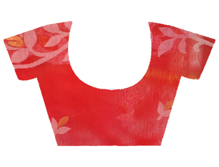 PURE HANDWOVEN MUSLIN SILK SAREE IN RED COLOR WITH OFFWHITE FLORAL MOTIFS