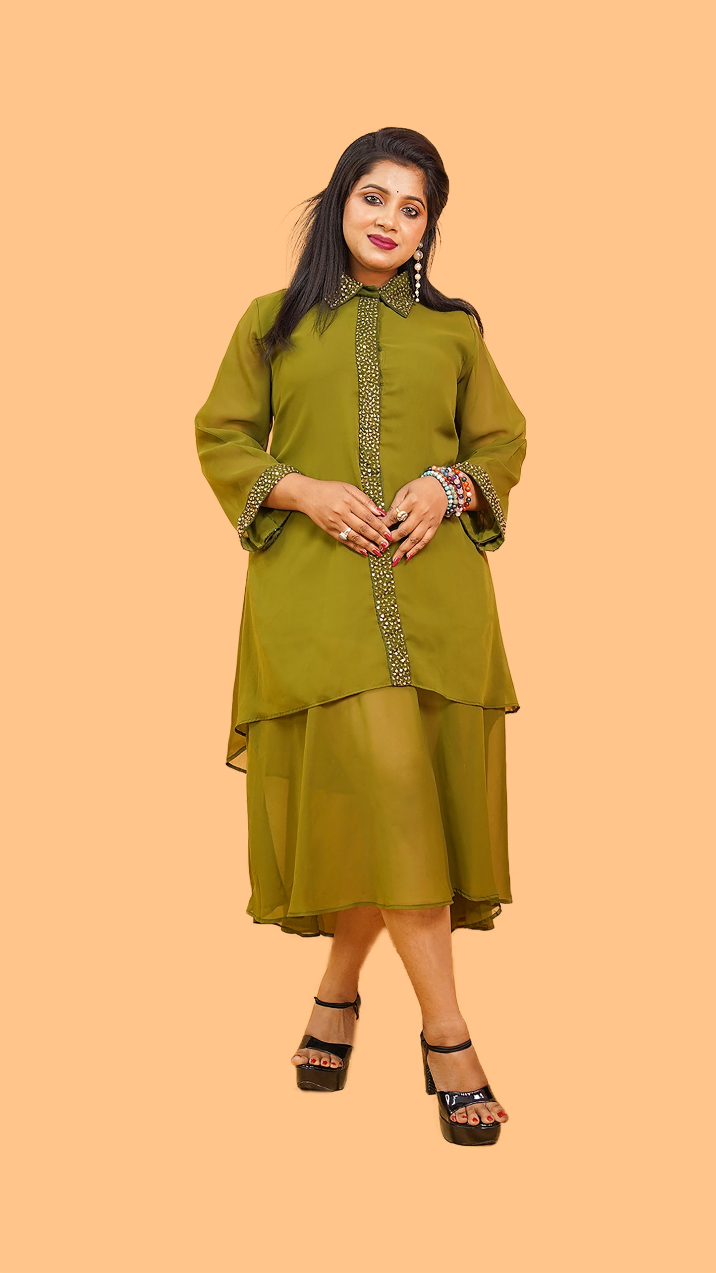 CHARTREUSE GREEN LAYERED DRESS IN HIGH LOW N MINIMALIST DETAILING ON PLACKET AND COLLAR