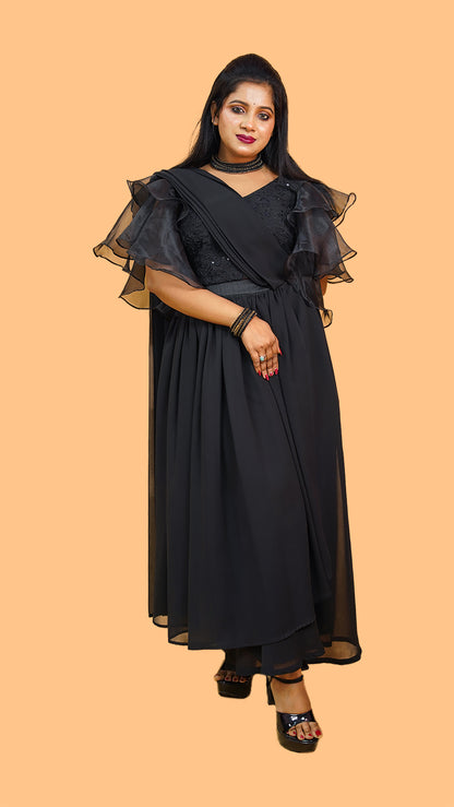 DRAPE SKIRT WITH PANT N EMBELLISHED BLOUSE WITH LAYERED SLEEVES