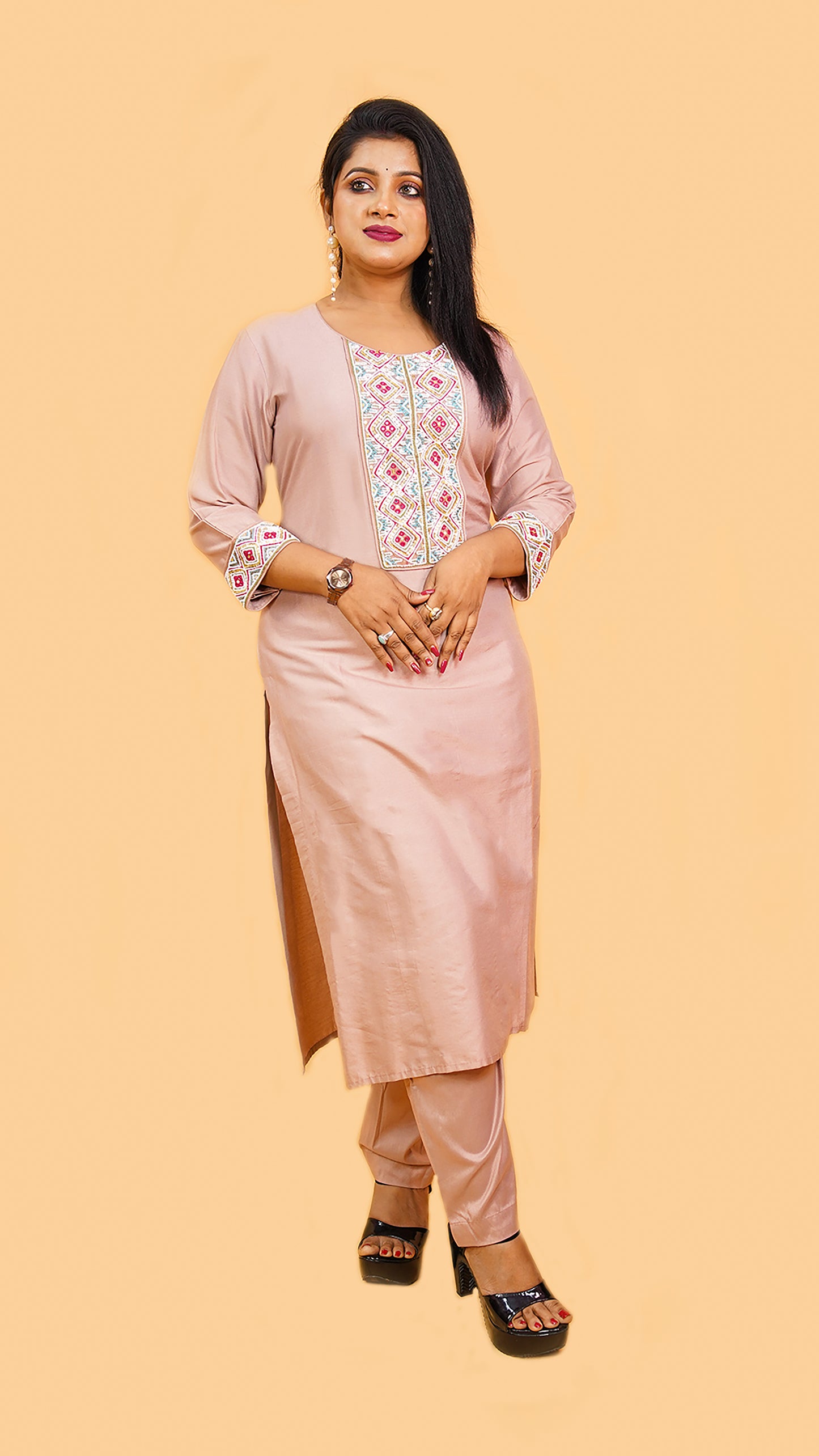 BLUSH PINK CO-ORD SET WITH MOTI AND KATDANA DETAILING IN SILK MATERIAL