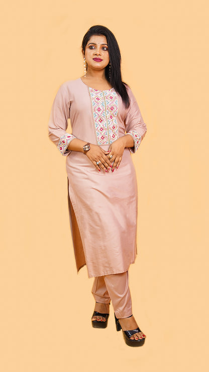 BLUSH PINK CO-ORD SET WITH MOTI AND KATDANA DETAILING IN SILK MATERIAL