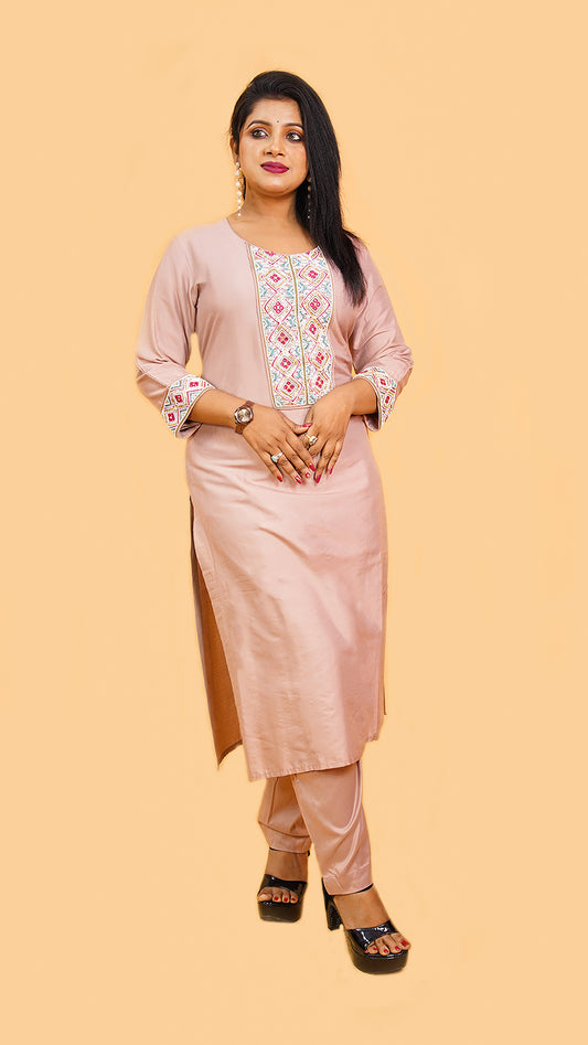 BLUSH PINK CO-ORD SET WITH MOTI AND KATDANA DETAILING IN SILK MATERIAL