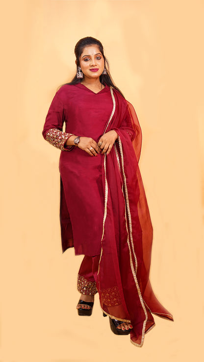 MAROON KURTA SET IN SILK WITH EMBROIDERY ON SLEEVE PANT AND DUPATTA