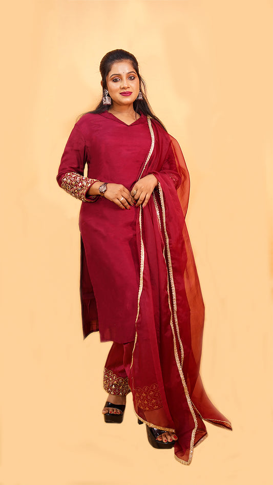 MAROON KURTA SET IN SILK WITH EMBROIDERY ON SLEEVE PANT AND DUPATTA