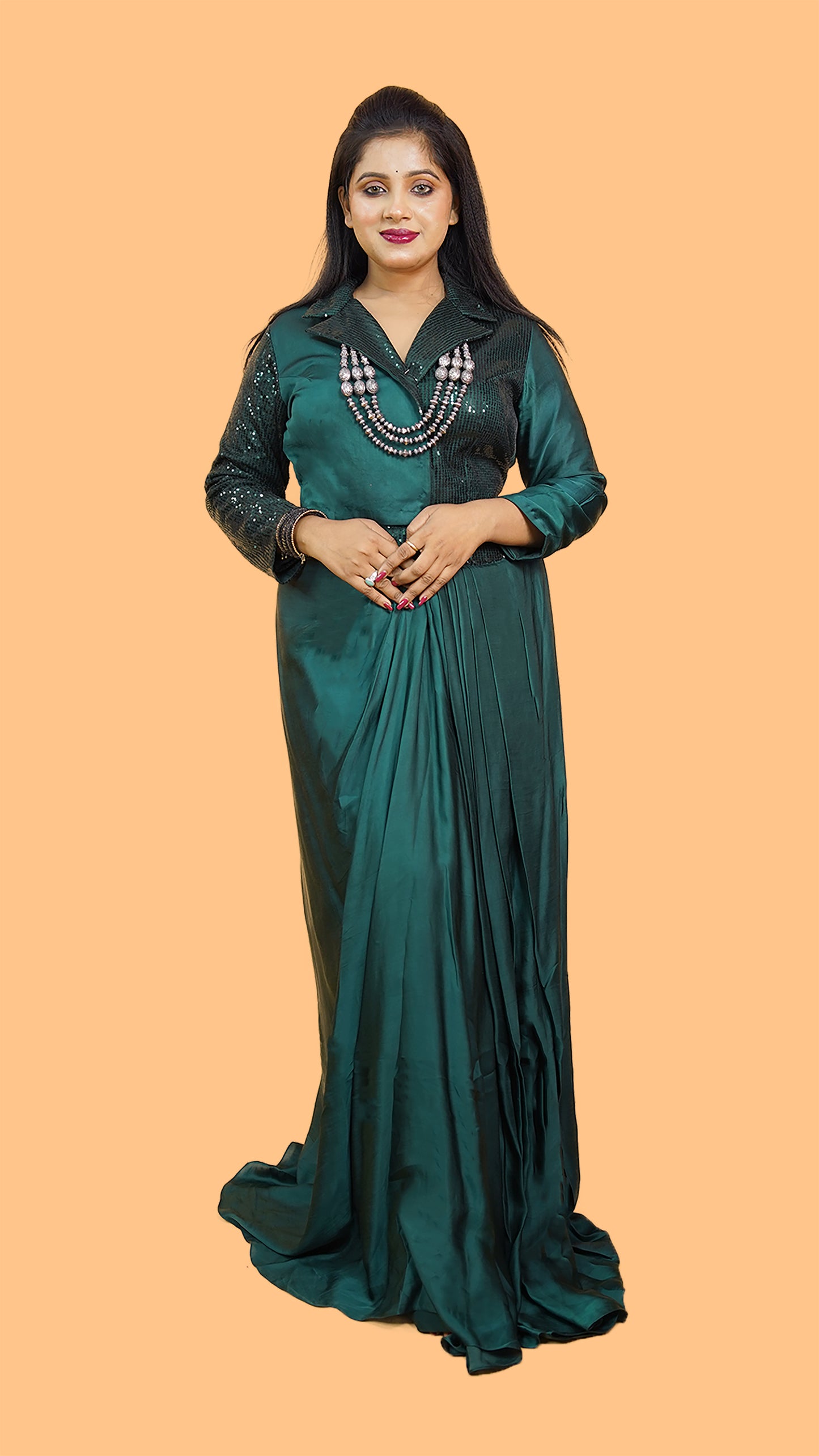 DRAPE SKIRT AND HALF SEQUINS AND HALF FABRIC SHIRT IN MODAL SATIN FABRIC IN  GREEN COLOUR