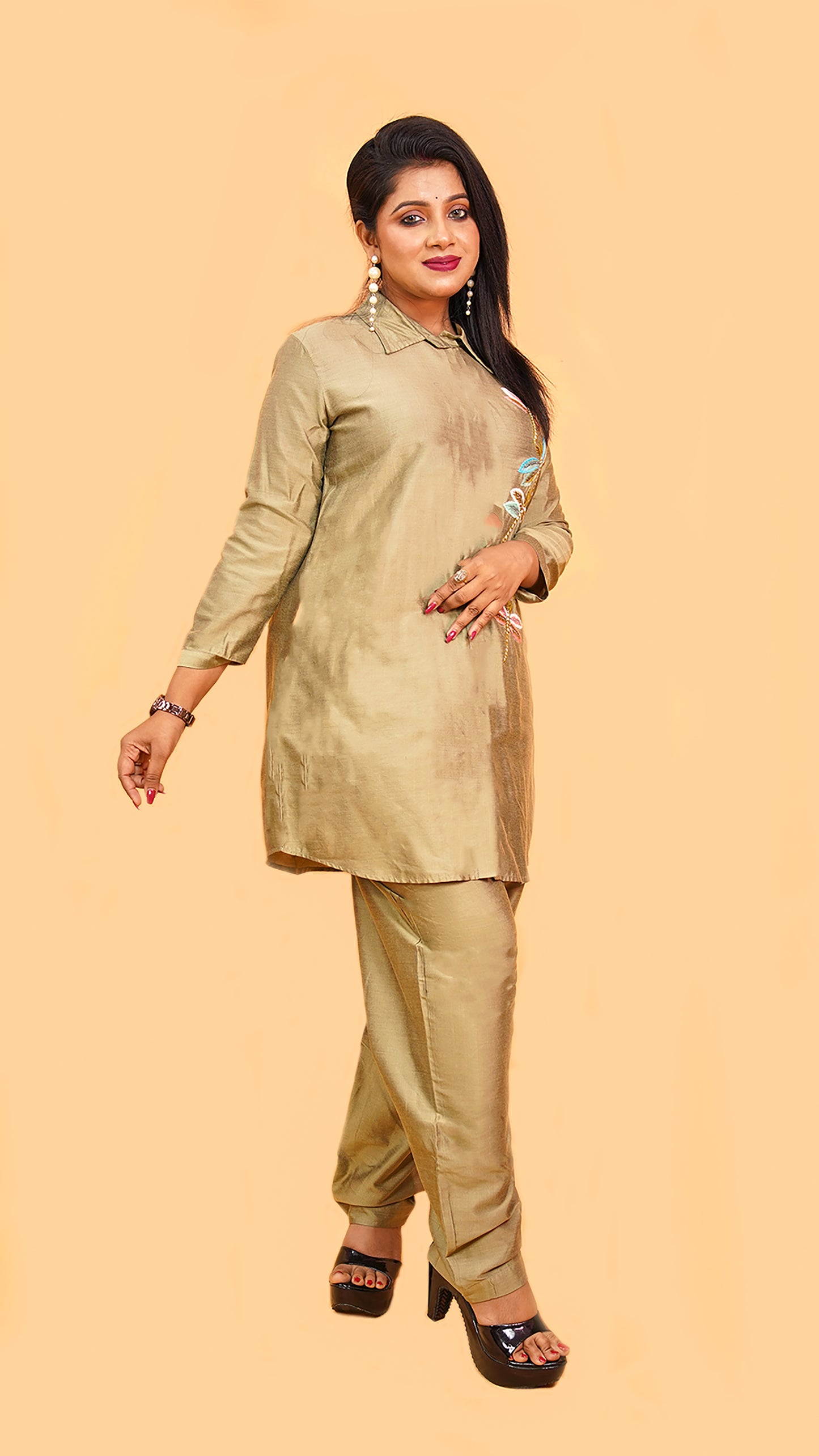 BEIGE CO-ORD SET WITH MINIMALIST EMBROIDERY IN SILK MATERIAL