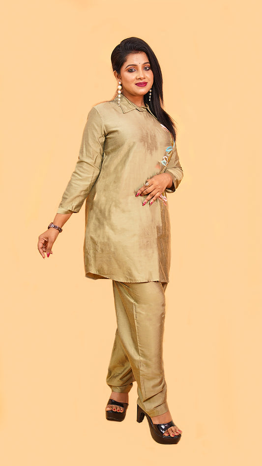 BEIGE CO-ORD SET WITH MINIMALIST EMBROIDERY IN SILK MATERIAL