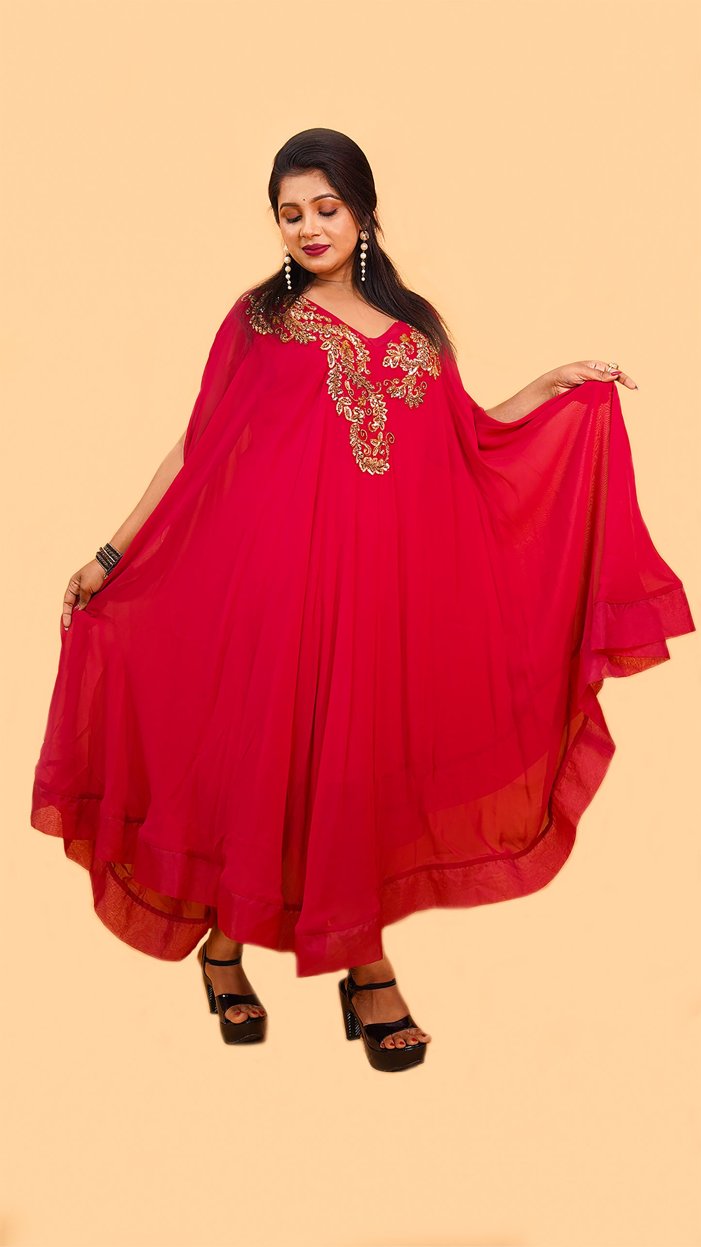 VIBRANT PINK KAFTAN GOWN WITH HAND EMBELLISHMENTS AND ORGANZA LAYERING
