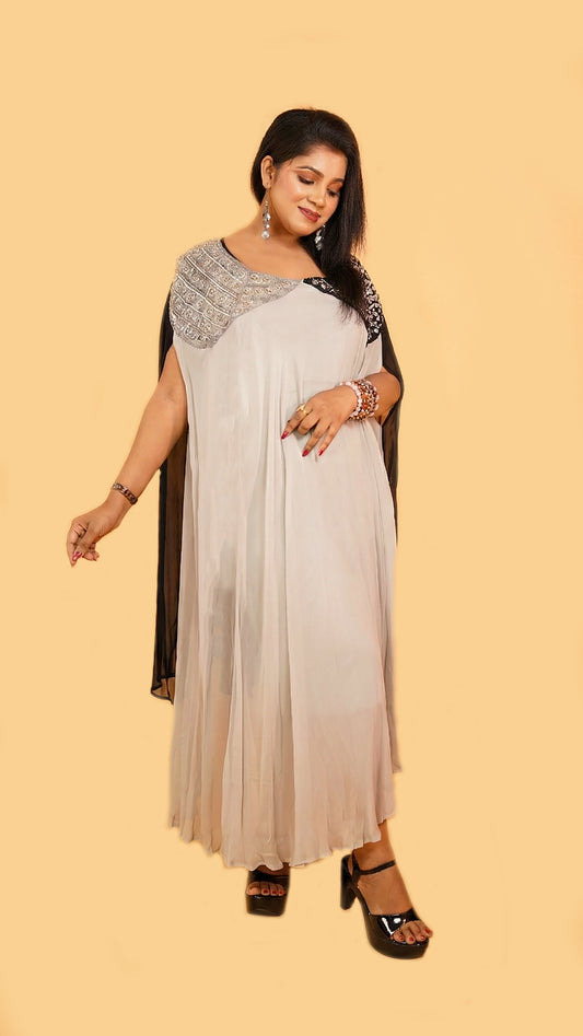 DUAL COLOUR KAFTAN DRESS IN HIGH LOW WITH MINIMALIST DETAILING ON SHOULDER WITH INNER HIP COVERING