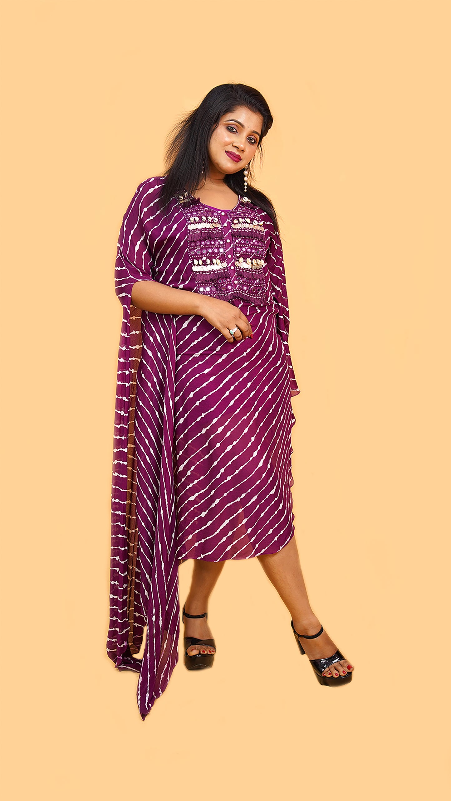 PURPLE HIGH LOW KAFTAN DRESS IN TRADITIONAL LEHRIYA FABRIC WITH MIRROR N COINS DETAILING