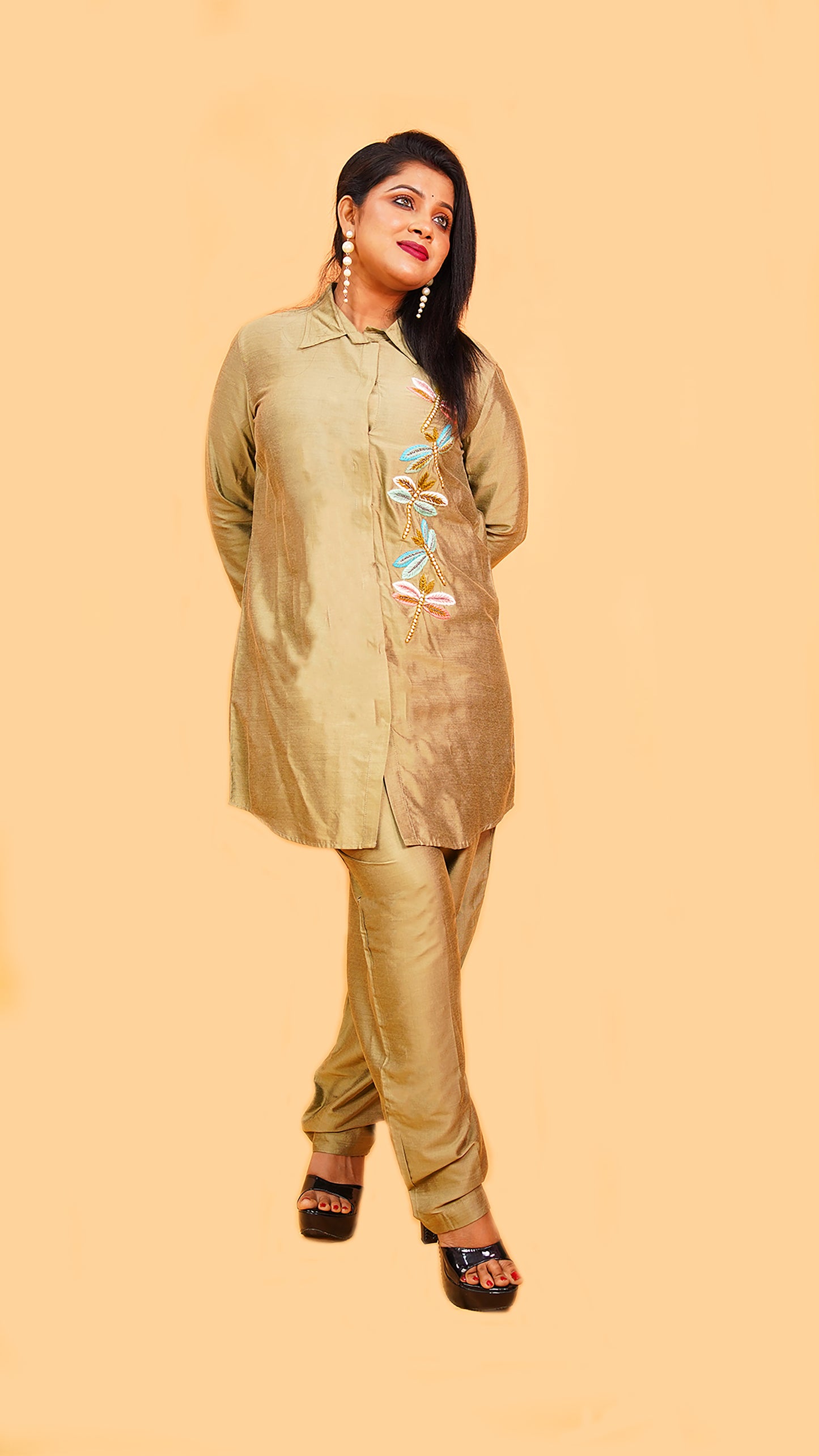 BEIGE CO-ORD SET WITH MINIMALIST EMBROIDERY IN SILK MATERIAL