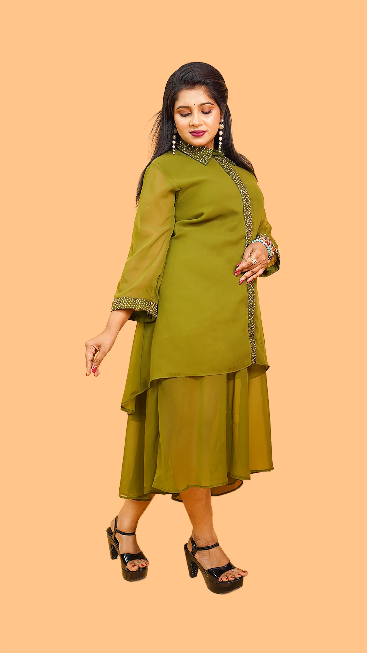 CHARTREUSE GREEN LAYERED DRESS IN HIGH LOW N MINIMALIST DETAILING ON PLACKET AND COLLAR