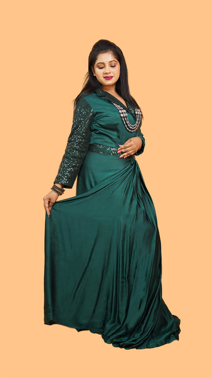 DRAPE SKIRT AND HALF SEQUINS AND HALF FABRIC SHIRT IN MODAL SATIN FABRIC IN  GREEN COLOUR