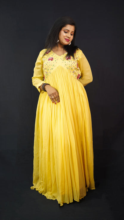 PLEATED GOWN IN NAIRA CUT WITH EMBROIDERED FRONT IN YELLOW SHADE