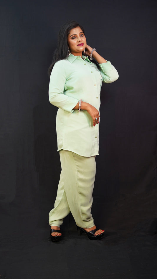 CO-ORD SET IN MINT GREEN WITH EMBELLISHMENT ON ONE SIDE