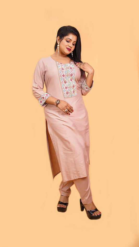BLUSH PINK CO-ORD SET WITH MOTI AND KATDANA DETAILING IN SILK MATERIAL