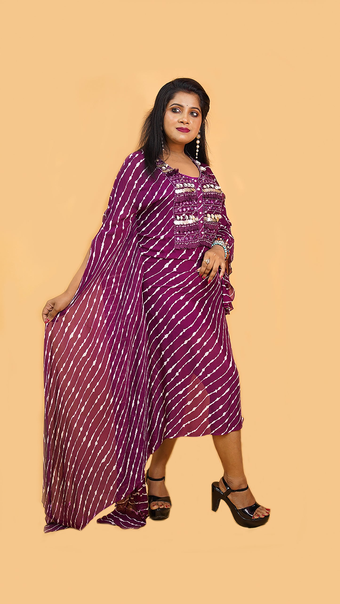 PURPLE HIGH LOW KAFTAN DRESS IN TRADITIONAL LEHRIYA FABRIC WITH MIRROR N COINS DETAILING