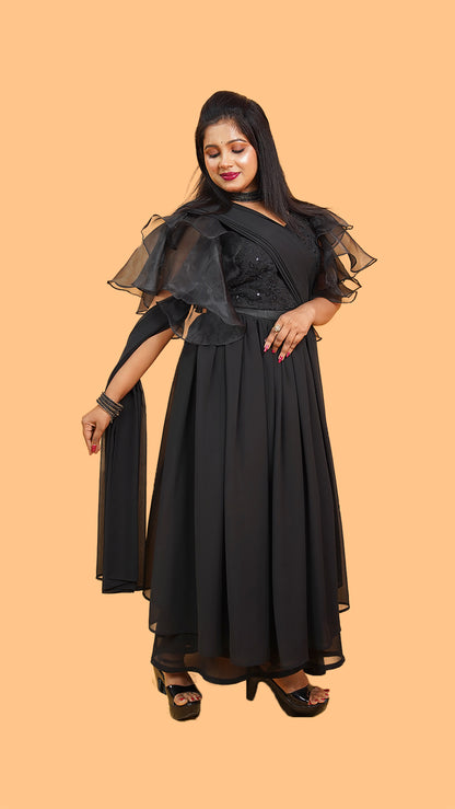 DRAPE SKIRT WITH PANT N EMBELLISHED BLOUSE WITH LAYERED SLEEVES