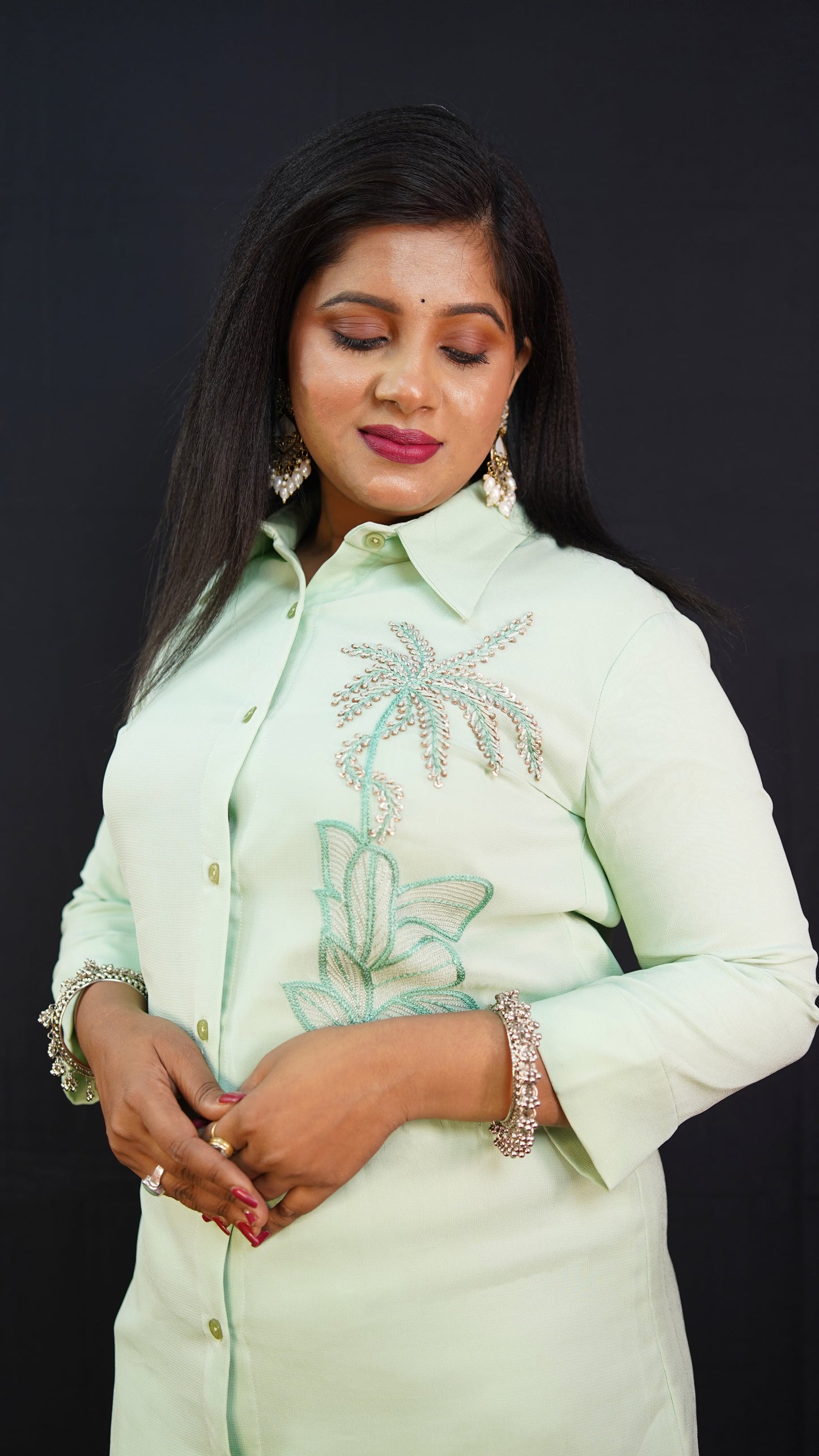 CO-ORD SET IN MINT GREEN WITH EMBELLISHMENT ON ONE SIDE