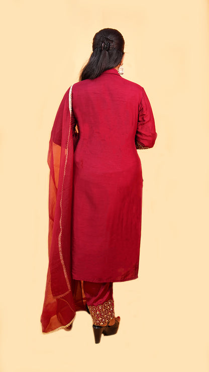 MAROON KURTA SET IN SILK WITH EMBROIDERY ON SLEEVE PANT AND DUPATTA