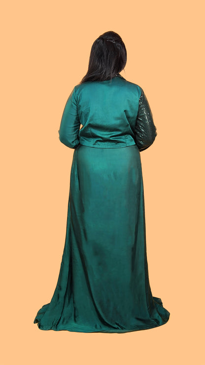 DRAPE SKIRT AND HALF SEQUINS AND HALF FABRIC SHIRT IN MODAL SATIN FABRIC IN  GREEN COLOUR