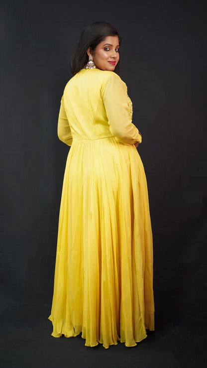 PLEATED GOWN IN NAIRA CUT WITH EMBROIDERED FRONT IN YELLOW SHADE