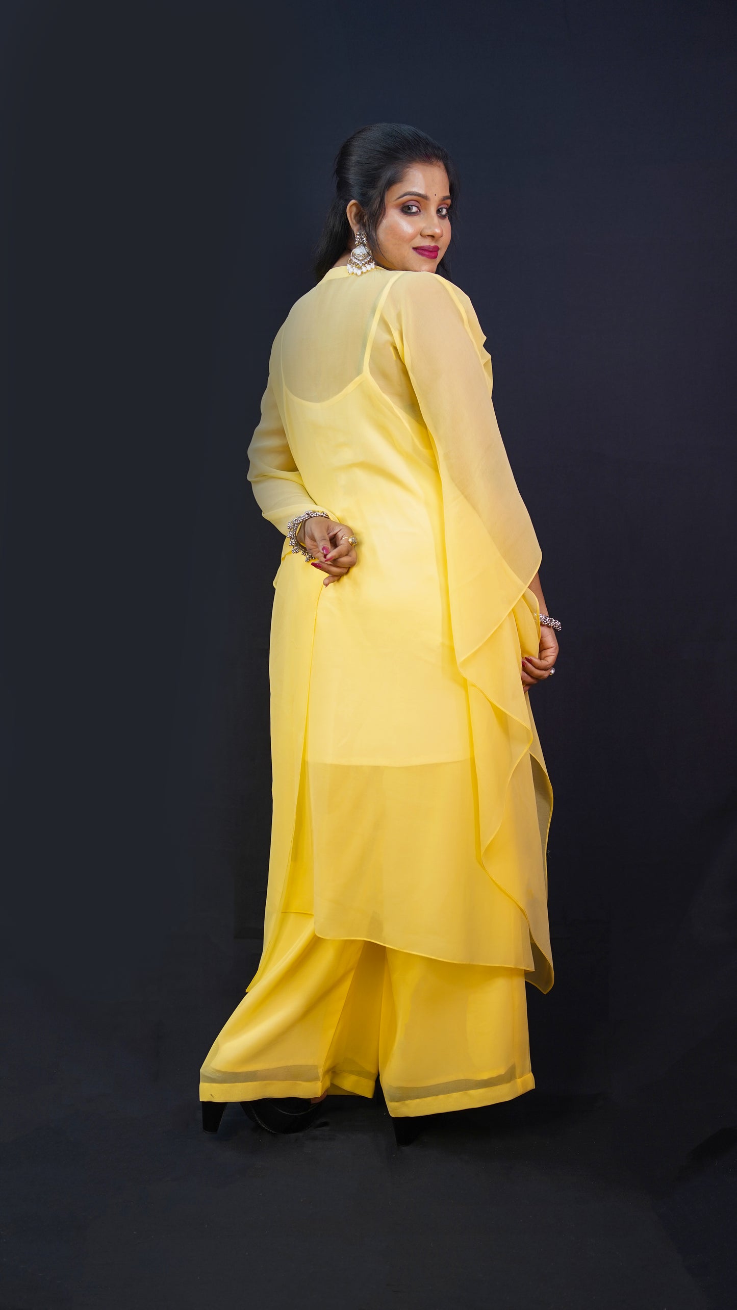 KAFTAN CO-ORD SET WITH MIRROR AND CRYSTAL EMBELLISHMENT ON THE NECK IN YELLOW COLOUR