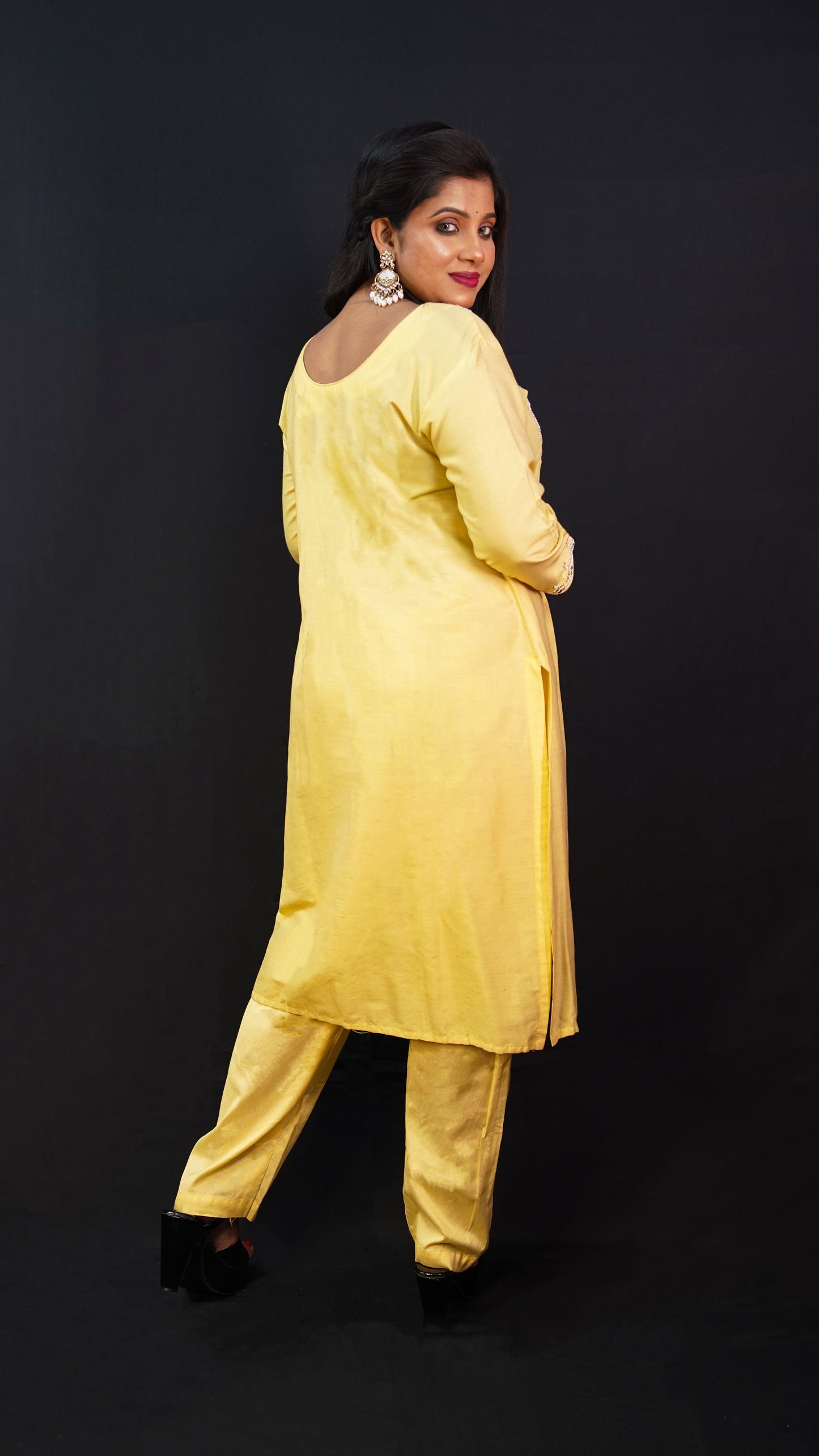 KURTA SET IN SILK MATERIAL IN YELLOW COLOUR WITH ZARDOZI AND THREAD WORK