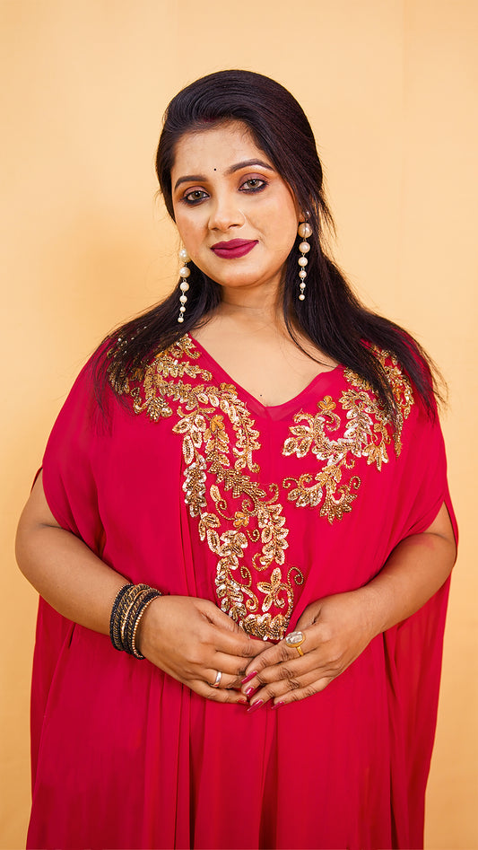 VIBRANT PINK KAFTAN GOWN WITH HAND EMBELLISHMENTS AND ORGANZA LAYERING