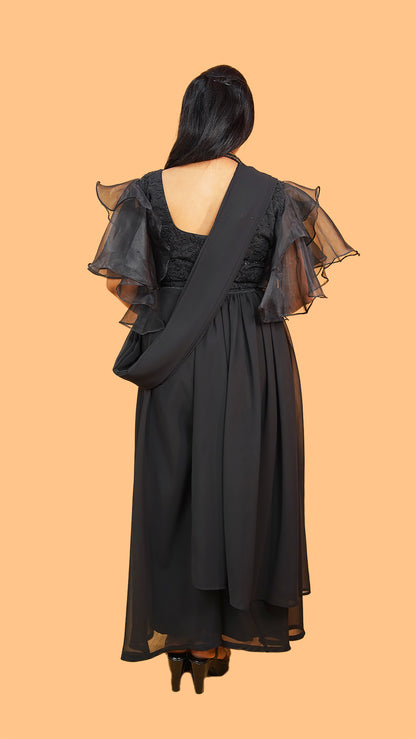 DRAPE SKIRT WITH PANT N EMBELLISHED BLOUSE WITH LAYERED SLEEVES