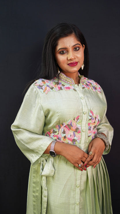 ONE SIDE PLAIN AND ONE SIDE PLEATED CO-ORD SET IN MINT GREEN WITH THREAD WORK DETAILING