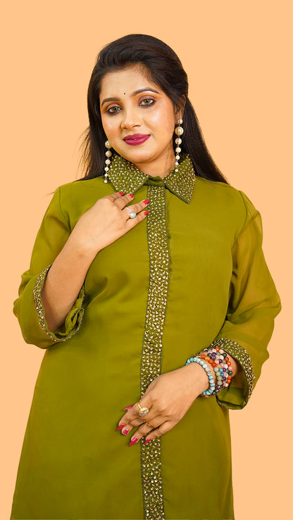 CHARTREUSE GREEN LAYERED DRESS IN HIGH LOW N MINIMALIST DETAILING ON PLACKET AND COLLAR