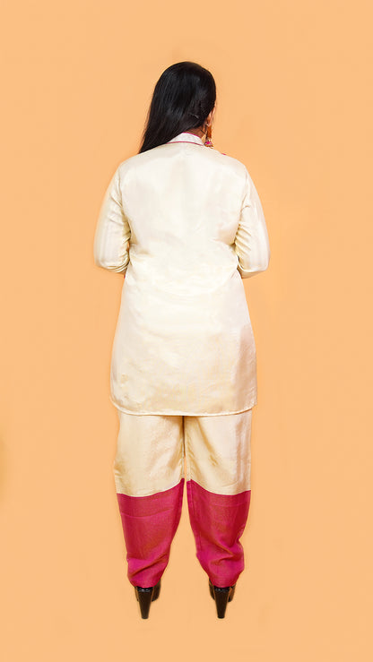 PARTY WEAR CO-ORD SET WITH MIRROR AND THREAD DETAILING ALL OVER AND DUAL SHADED PANT IN TISSUE FABRIC