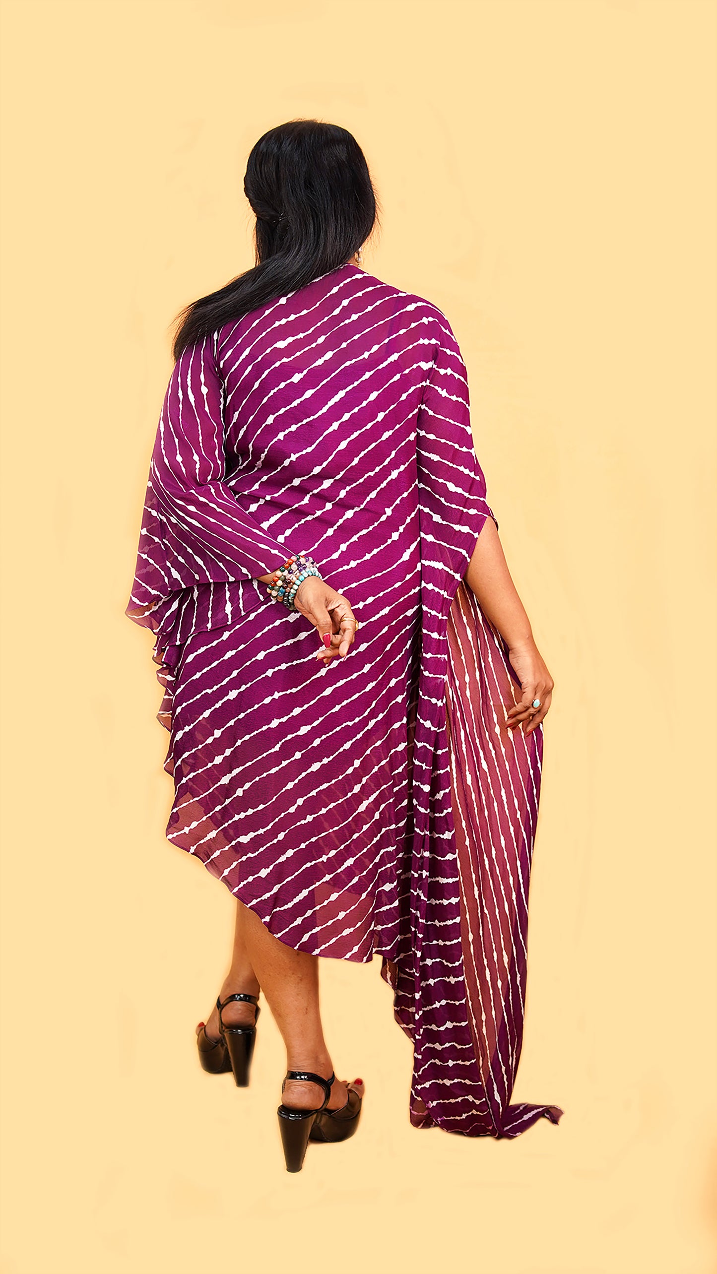 PURPLE HIGH LOW KAFTAN DRESS IN TRADITIONAL LEHRIYA FABRIC WITH MIRROR N COINS DETAILING