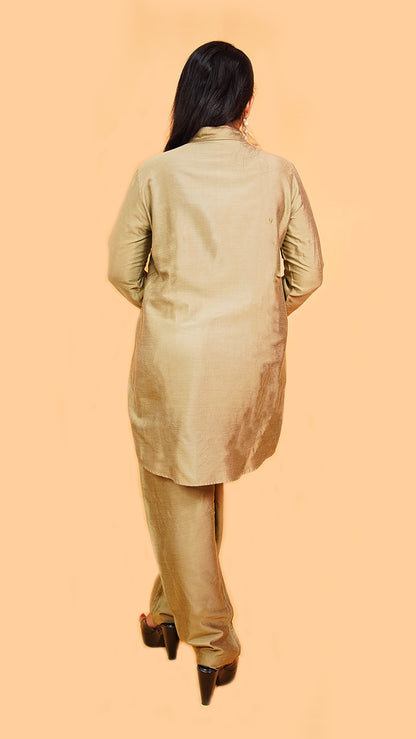 BEIGE CO-ORD SET WITH MINIMALIST EMBROIDERY IN SILK MATERIAL
