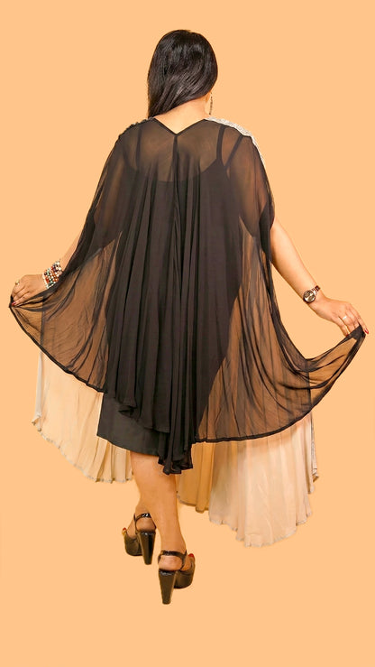 DUAL COLOUR KAFTAN DRESS IN HIGH LOW WITH MINIMALIST DETAILING ON SHOULDER WITH INNER HIP COVERING