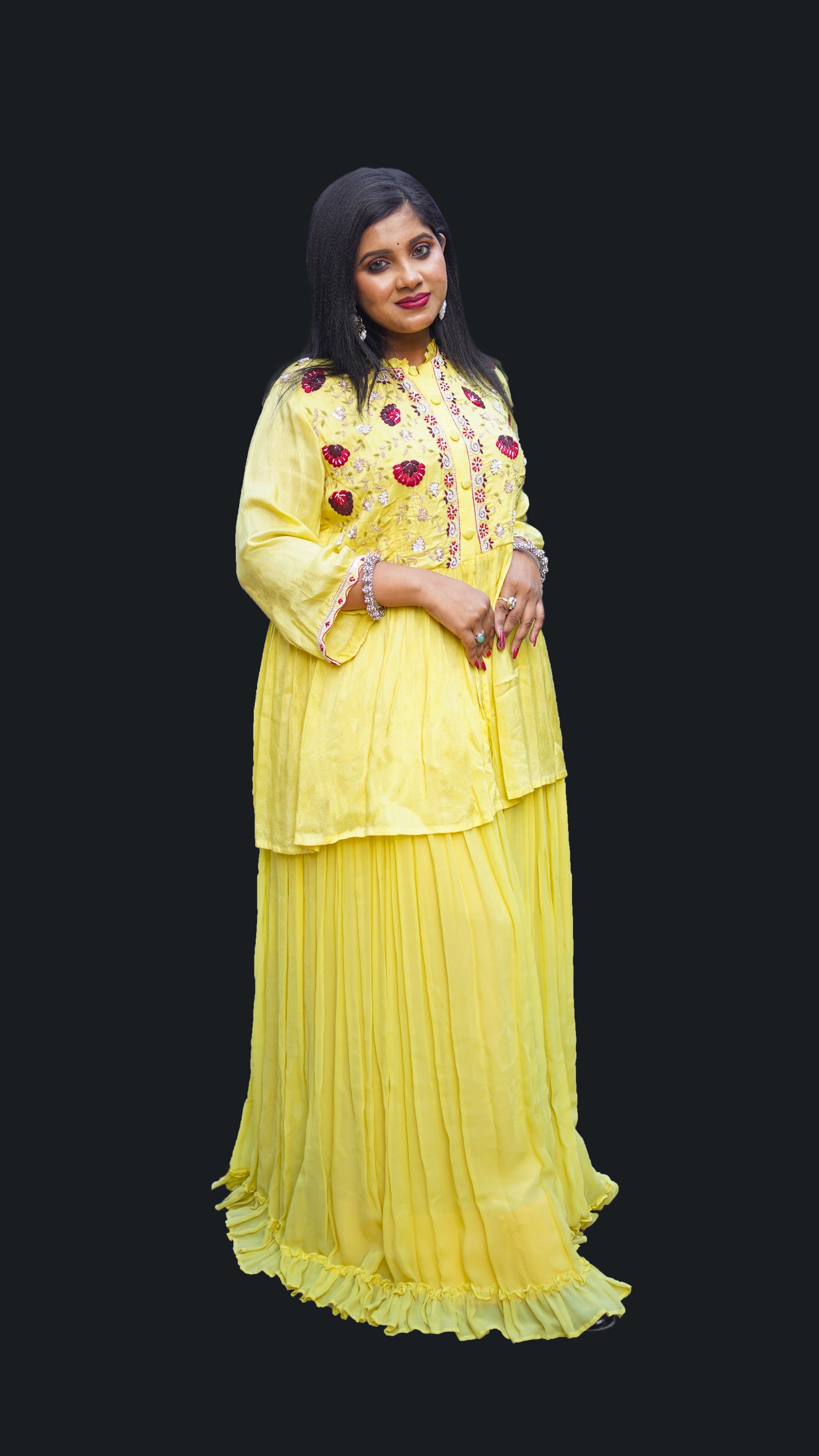 LEHENGA WITH PEPLUM BLOUSE IN YELLOW SHADE WITH THREAD WORK N ZARDOZI EMBELLISHMENT IN YELLOW COLOUR IN SILK FABRIC