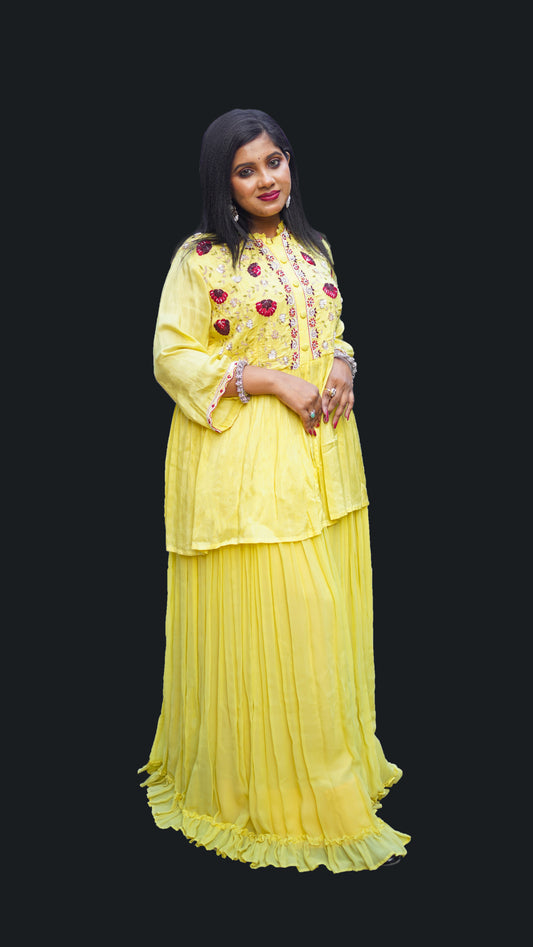 LEHENGA WITH PEPLUM BLOUSE IN YELLOW SHADE WITH THREAD WORK N ZARDOZI EMBELLISHMENT IN YELLOW COLOUR IN SILK FABRIC