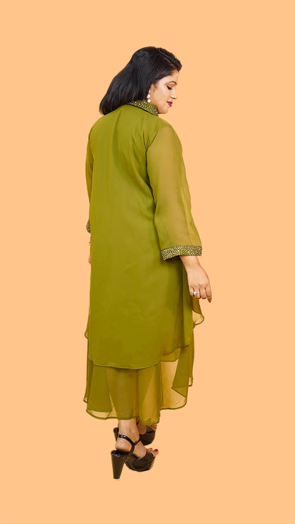 CHARTREUSE GREEN LAYERED DRESS IN HIGH LOW N MINIMALIST DETAILING ON PLACKET AND COLLAR