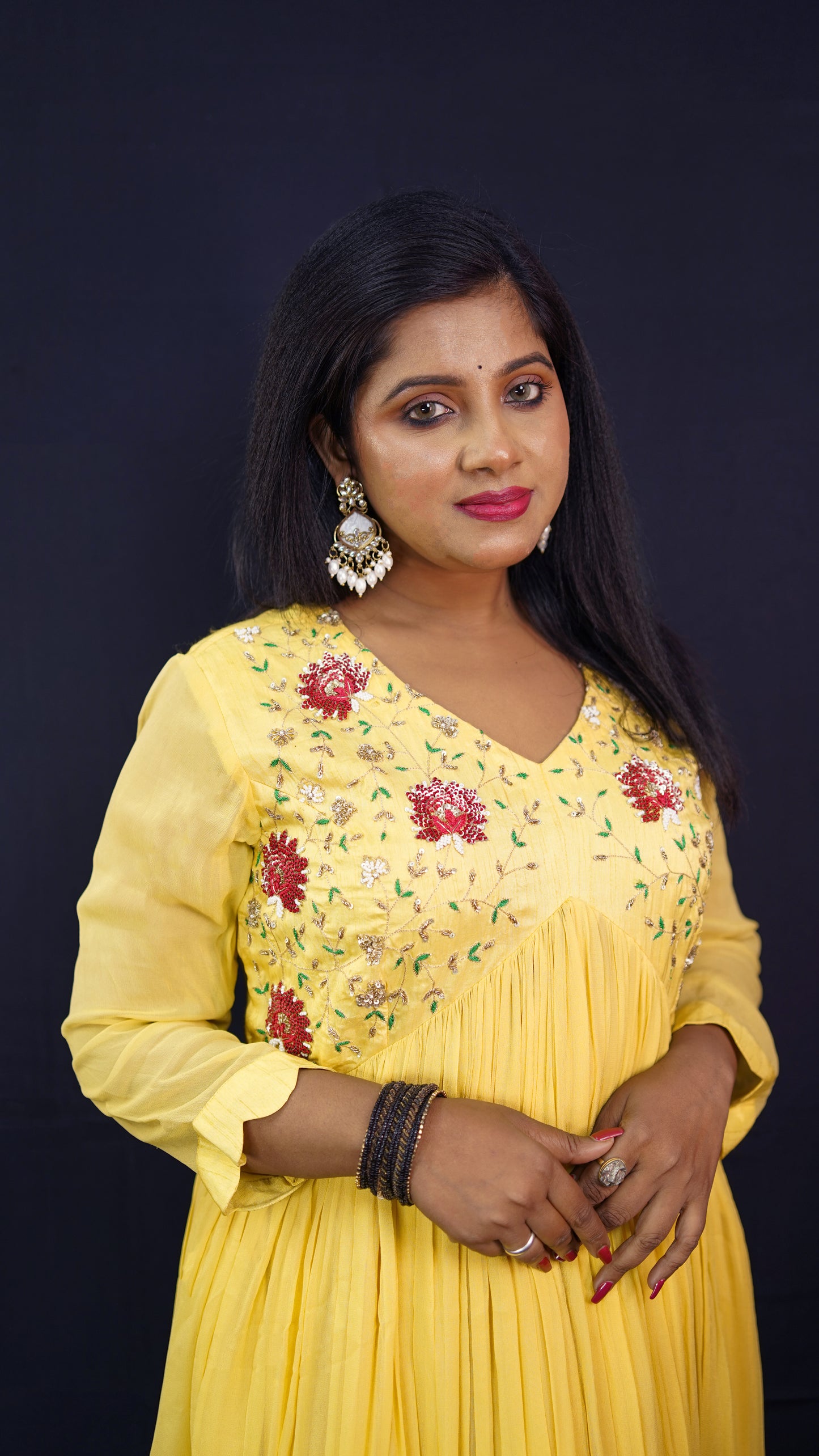 PLEATED GOWN IN NAIRA CUT WITH EMBROIDERED FRONT IN YELLOW SHADE